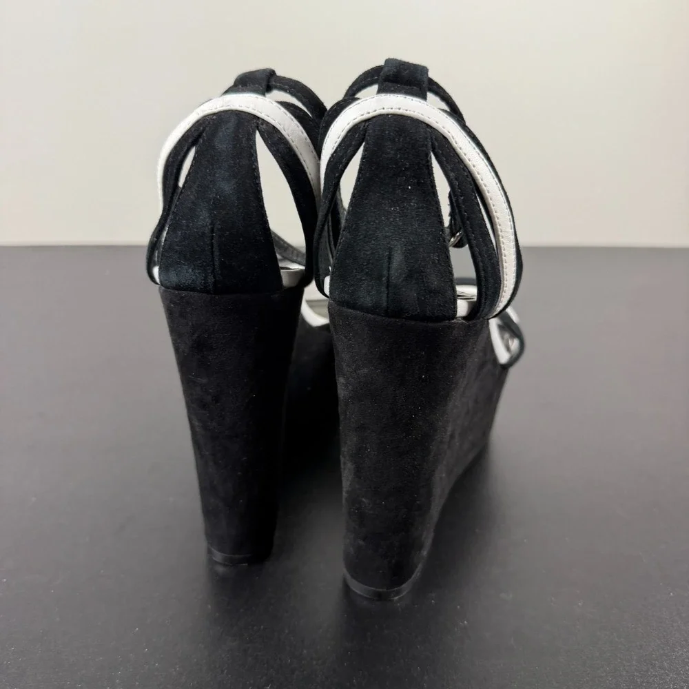White House Black Market Platform Heels Womens 8M Black Suede Peep Toe Career
